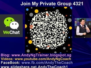 3
Blog: www.AndyNgTrainer.blogspot.sgBlog: www.AndyNgTrainer.blogspot.sg
Videos: www.youtube.com/AndyNgCoachVideos: www.youtube.com/AndyNgCoach
FaceBook:FaceBook: www.fb.com/AndyTheCoachwww.fb.com/AndyTheCoach
Join My Private Group 4321
 