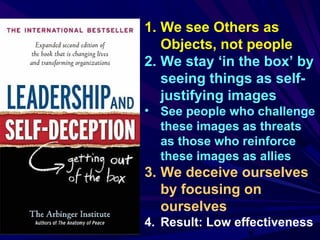 8
1. We see Others as
Objects, not people
2. We stay ‘in the box’ by
seeing things as self-
justifying images
• See people who challenge
these images as threats
as those who reinforce
these images as allies
3. We deceive ourselves
by focusing on
ourselves
4. Result: Low effectiveness
 