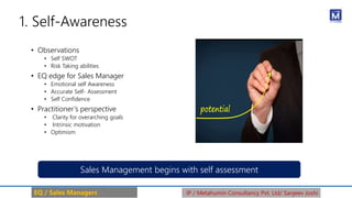 1. Self-Awareness
• Observations
• Self SWOT
• Risk Taking abilities
• EQ edge for Sales Manager
• Emotional self Awareness
• Accurate Self- Assessment
• Self Confidence
• Practitioner’s perspective
• Clarity for overarching goals
• Intrinsic motivation
• Optimism
Sales Management begins with self assessment
EQ / Sales Managers IP / Metahumin Consultancy Pvt. Ltd/ Sanjeev Joshi
 