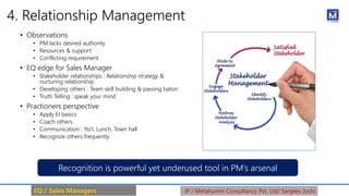 4. Relationship Management
• Observations
• PM lacks desired authority
• Resources & support
• Conflicting requirement
• EQ edge for Sales Manager
• Stakeholder relationships : Relationship strategy &
nurturing relationship
• Developing others : Team skill building & passing baton
• Truth Telling : speak your mind
• Practioners perspective
• Apply EI basics
• Coach others
• Communication : 1to1, Lunch, Town hall
• Recognize others frequently
Recognition is powerful yet underused tool in PM’s arsenal
EQ / Sales Managers IP / Metahumin Consultancy Pvt. Ltd/ Sanjeev Joshi
 