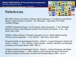 LÍNGUA PORTUGUESA, 8º Ano do Ensino Fundamental
Elementos constituintes do cordel:
verso, estrofe, figuras de linguagem, rima, musicalidade .
Referências
BELTRÃO, Eliana Lúcia Santos. Diálogo: língua portuguesa, 7º ano/Eliana Lúcia Santos
Beltrão, Tereza Cristina S. Gordilho. – Ed. Renovada. – São Paulo: FTD, 2009 –
(Coleção Diálogo)
CAMPOS, Elizabeth Marques. Viva Português: língua portuguesa , 7° ano / Elizabeth
Marques Campos, Paula Marques Cardoso, Sílvia Letícia de Andrade. 2. ed. – São
Paulo: Ática, 2009.
CEREJA, William Roberto. Português: linguagens, 8º ano / William Roberto Cereja,
Thereza Cochar Magalhães. – 5. ed. Reform. – São Paulo: Atual, 2009.
Programa Gestão da Aprendizagem Escolar – Gestar II. Língua Portuguesa: Caderno de
Teoria e Prática 1 – TP3: Gêneros e tipos textuais. Brasília: Ministério da Educação,
secretaria de Educação Básica, 2008. 196 p.:il.
Programa Gestão da Aprendizagem Escolar – Gestar II. Língua Portuguesa: Atividades
de Apoio à Aprendizagem 1 – AAA3: gêneros e tipos textuais (Versão do Professor).
Brasília: Ministério da Educação, secretaria de Educação Básica, 2008. 136 p.:il.
 