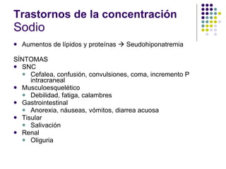 Trastornos de la concentración Sodio Aumentos de lípidos y proteínas    Seudohiponatremia SÍNTOMAS SNC Cefalea, confusión, convulsiones, coma, incremento P intracraneal Musculoesquelético Debilidad, fatiga, calambres Gastrointestinal Anorexia, náuseas, vómitos, diarrea acuosa Tisular Salivación Renal Oliguria  