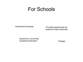 For Schools
Prestige
Experience in providing
exceptional education
Providing opportunities for
students to learn externally
Intercultural exchange
 