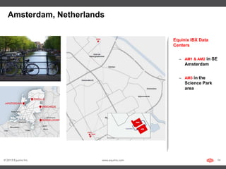 Amsterdam, Netherlands

                                          Equinix IBX Data
                                          Centers


                                            – AM1 & AM2 in SE
                                               Amsterdam


                                            – AM3 in the
                                               Science Park
                                               area




© 2013 Equinix Inc.     www.equinix.com                       14
 