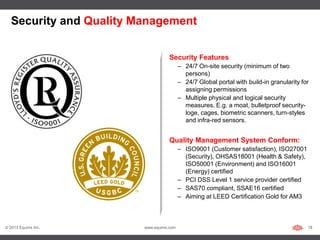 Security and Quality Management


                                     Security Features
                                           – 24/7 On-site security (minimum of two
                                             persons)
                                           – 24/7 Global portal with build-in granularity for
                                             assigning permissions
                                           – Multiple physical and logical security
                                             measures. E.g. a moat, bulletproof security-
                                             loge, cages, biometric scanners, turn-styles
                                             and infra-red sensors.


                                     Quality Management System Conform:
                                           – ISO9001 (Customer satisfaction), ISO27001
                                             (Security), OHSAS18001 (Health & Safety),
                                             ISO50001 (Environment) and ISO16001
                                             (Energy) certified
                                           – PCI DSS Level 1 service provider certified
                                           – SAS70 compliant, SSAE16 certified
                                           – Aiming at LEED Certification Gold for AM3



© 2013 Equinix Inc.      www.equinix.com                                                    18
 