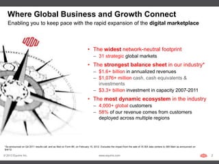 Where Global Business and Growth Connect
   Enabling you to keep pace with the rapid expansion of the digital marketplace



                                                                          • The widest network-neutral footprint
                                                                               – 31 strategic global markets
                                                                          • The strongest balance sheet in our industry*
                                                                               – $1.6+ billion in annualized revenues
                                                                               – $1,076+ million cash, cash equivalents &
                                                                                 investments
                                                                               – $3.3+ billion investment in capacity 2007-2011
                                                                          • The most dynamic ecosystem in the industry
                                                                               – 4,000+ global customers
                                                                               – 58% of our revenue comes from customers
                                                                                 deployed across multiple regions




*As announced on Q4 2011 results call, and as filed on Form 8K, on February 15, 2012. Excludes the impact from the sale of 16 IBX data centers to 365 Main as announced on
9/4/12.

© 2013 Equinix Inc.                                                                www.equinix.com                                                                           2
 