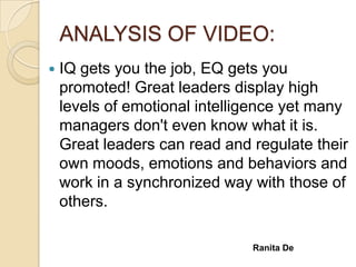 ANALYSIS OF VIDEO:


IQ gets you the job, EQ gets you
promoted! Great leaders display high
levels of emotional intelligence yet many
managers don't even know what it is.
Great leaders can read and regulate their
own moods, emotions and behaviors and
work in a synchronized way with those of
others.
Ranita De

 