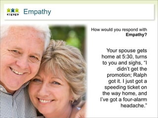 Empathy

             How would you respond with
                              Empathy?


                      Your spouse gets
                   home at 5:30, turns
                    to you and sighs, “I
                           didn’t get the
                      promotion; Ralph
                       got it. I just got a
                     speeding ticket on
                    the way home, and
                  I’ve got a four-alarm
                              headache.”
 
