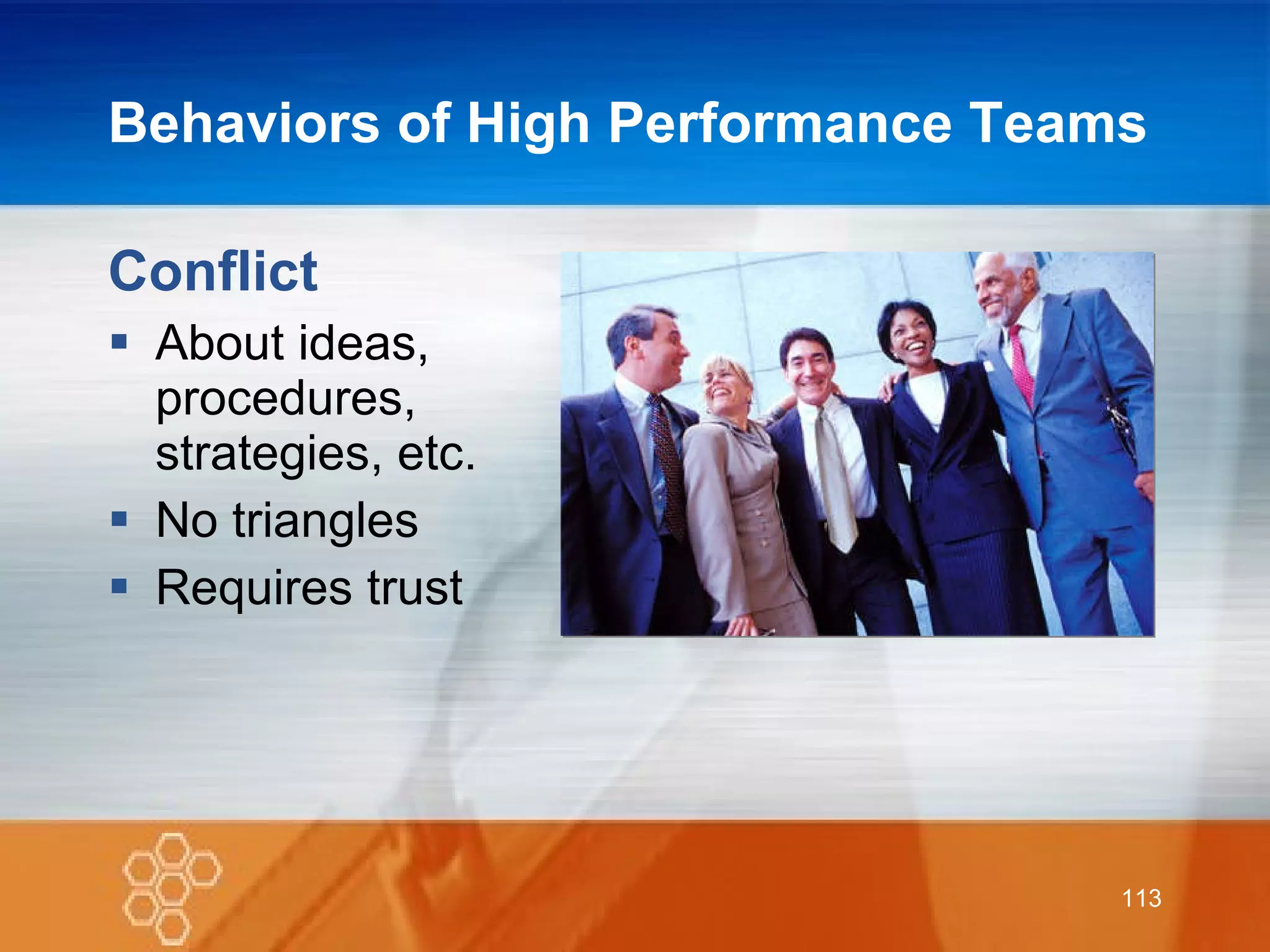 Behaviors of High Performance Teams Conflict About ideas, procedures, strategies, etc. No triangles Requires trust 