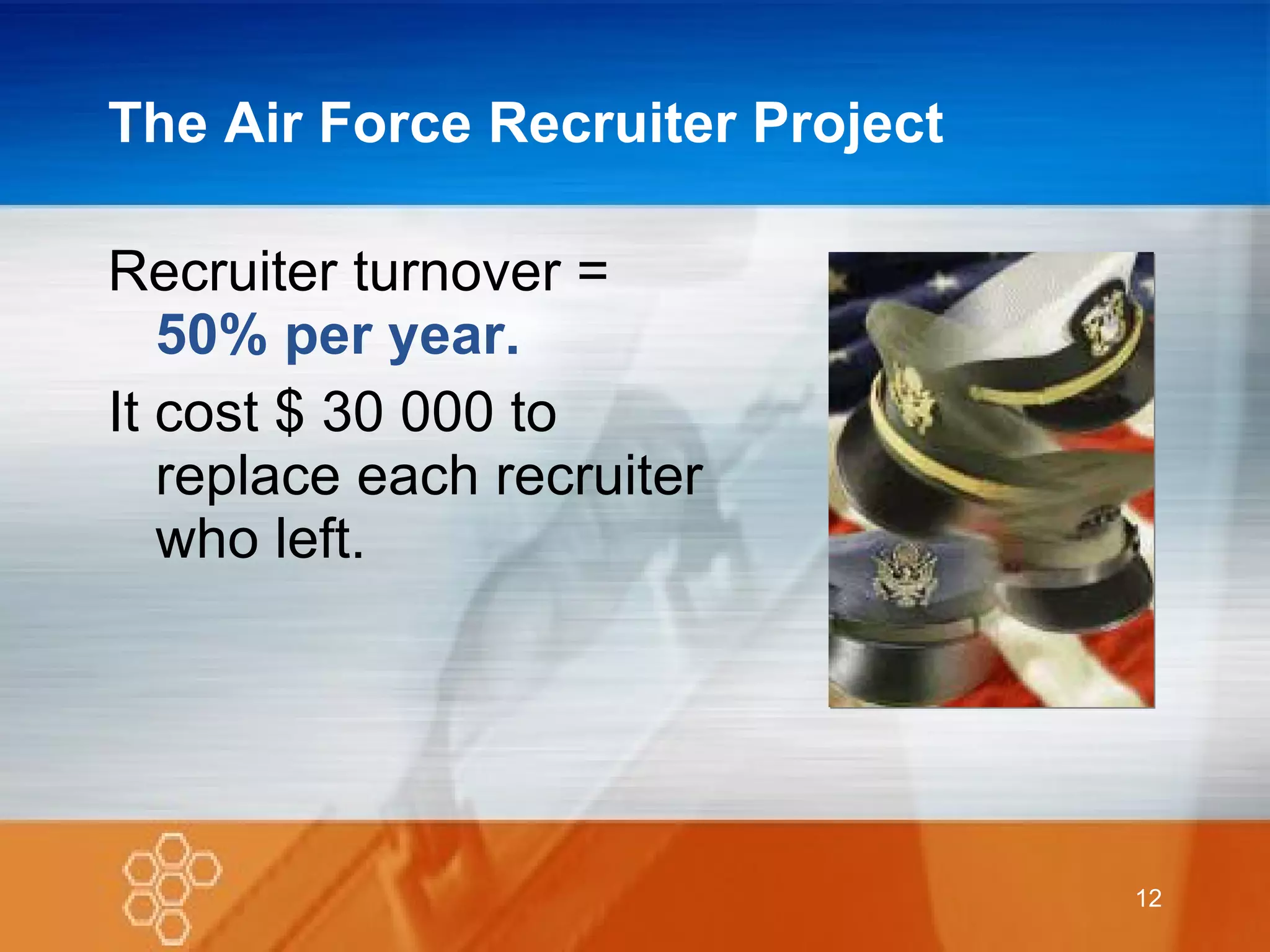 The Air Force Recruiter Project Recruiter turnover =  50% per year. It cost $ 30 000 to replace each recruiter who left. 