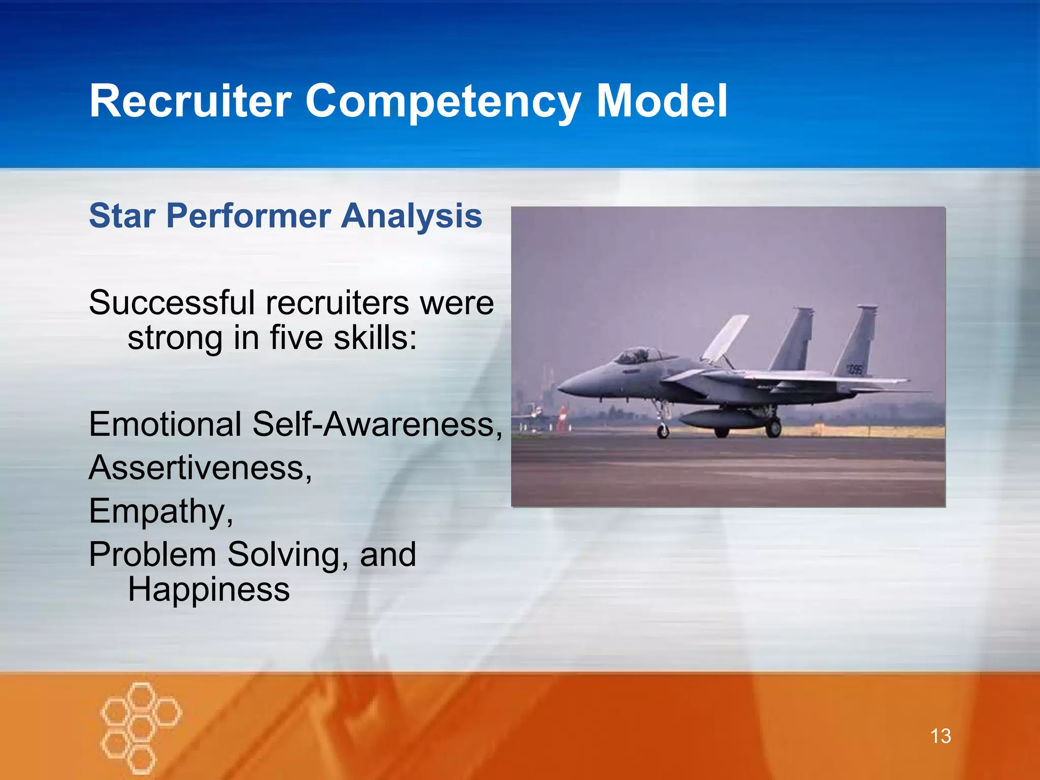 Recruiter Competency Model Star Performer Analysis  Successful recruiters were strong in five skills:  Emotional Self-Awareness, Assertiveness,  Empathy,  Problem Solving, and Happiness  