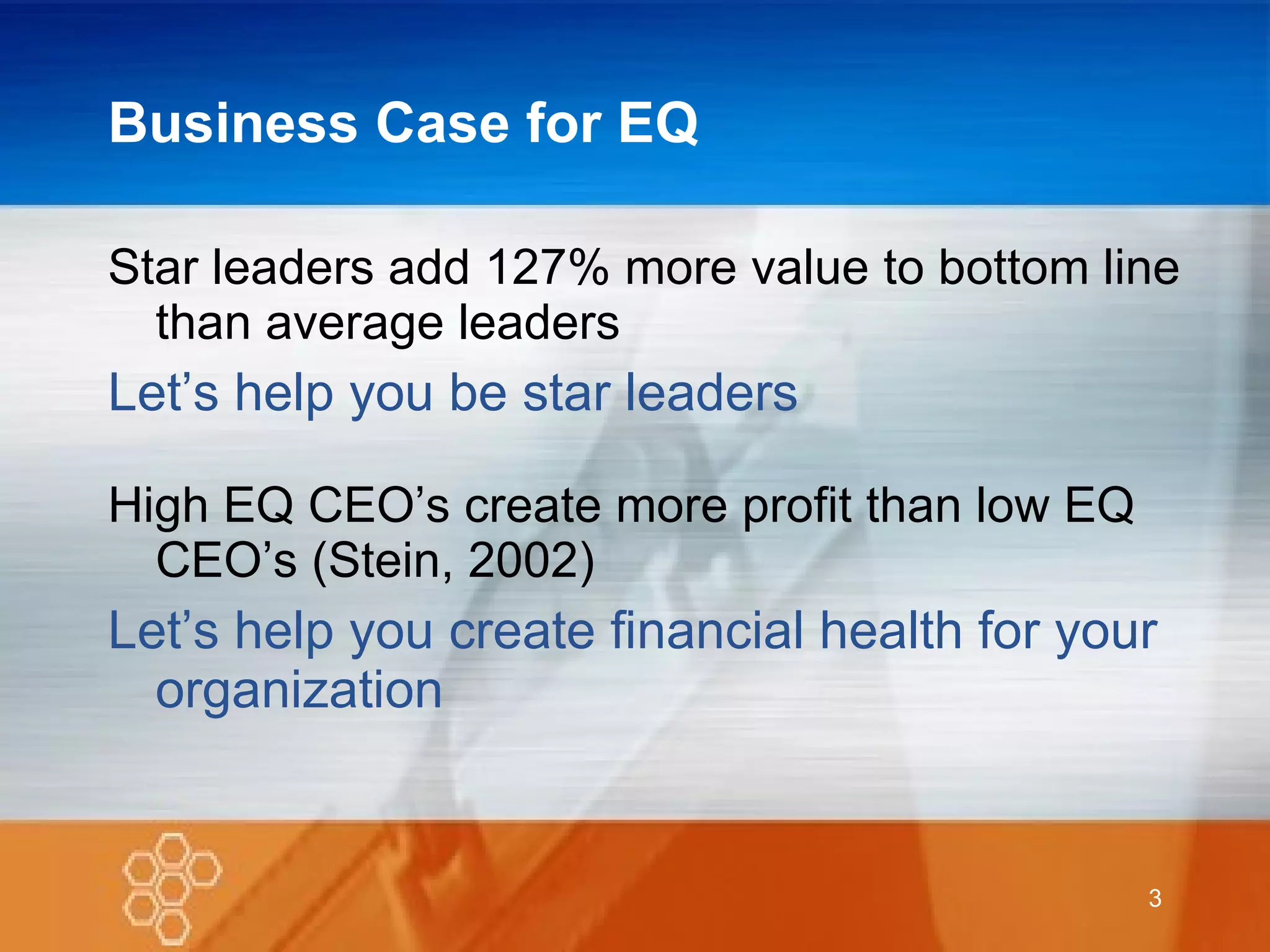 Business Case for EQ Star leaders add 127% more value to bottom line than average leaders  Let’s help you be star leaders High EQ CEO’s create more profit than low EQ CEO’s (Stein, 2002) Let’s help you create financial health for your organization 
