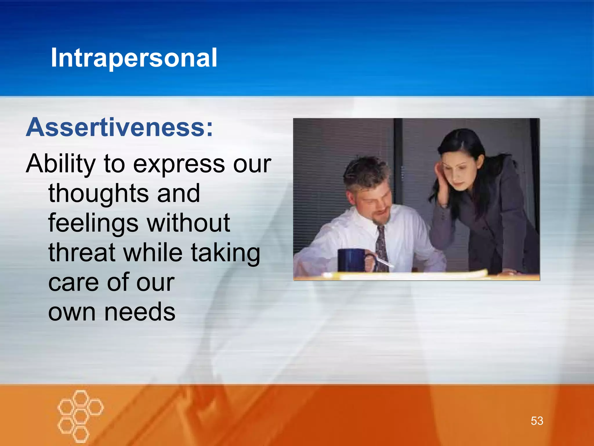 Intrapersonal Assertiveness: Ability to express our thoughts and feelings without threat while taking care of our  own needs 