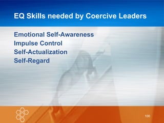 EQ Skills needed by Coercive Leaders Emotional Self-Awareness Impulse Control Self-Actualization Self-Regard 