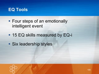EQ Tools Four steps of an emotionally  intelligent event 15 EQ skills measured by EQ-i Six leadership styles 