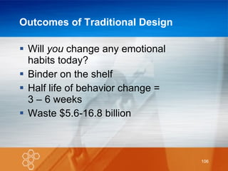 Outcomes of Traditional Design Will  you  change any emotional  habits today? Binder on the shelf Half life of behavior change =  3 – 6 weeks Waste $5.6-16.8 billion 