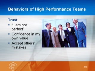 Behaviors of High Performance Teams  Trust “ I am not perfect” Confidence in my own value Accept others’ mistakes 