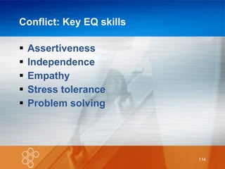 Conflict: Key EQ skills Assertiveness Independence Empathy Stress tolerance Problem solving 