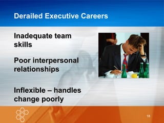 Derailed Executive Careers Inadequate team skills Poor interpersonal relationships Inflexible – handles change poorly 
