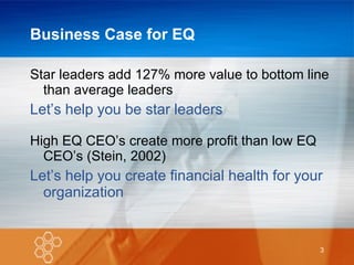 Business Case for EQ Star leaders add 127% more value to bottom line than average leaders  Let’s help you be star leaders High EQ CEO’s create more profit than low EQ CEO’s (Stein, 2002) Let’s help you create financial health for your organization 