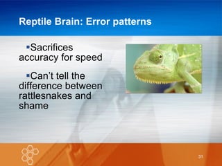 Reptile Brain: Error patterns Sacrifices accuracy for speed Can’t tell the difference between rattlesnakes and shame 