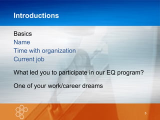 Introductions Basics Name Time with organization Current job What led you to participate in our EQ program? One of your work/career dreams 