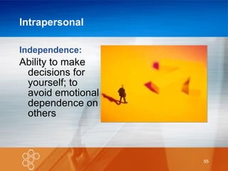 Intrapersonal Independence: Ability to make decisions for yourself; to avoid emotional dependence on others 