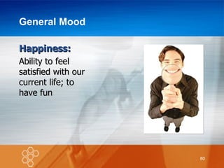 General Mood Happiness: Ability to feel satisfied with our current life; to have fun 