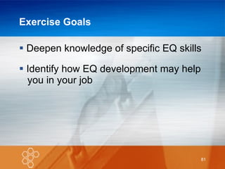 Exercise Goals Deepen knowledge of specific EQ skills Identify how EQ development may help   you in your job 