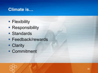 Climate is… Flexibility Responsibility Standards Feedback/rewards Clarity Commitment 