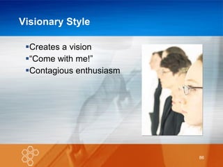 Visionary Style Creates a vision “ Come with me!” Contagious enthusiasm 