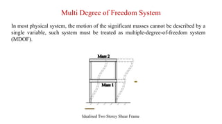 Multi Degree of Freedom System
In most physical system, the motion of the significant masses cannot be described by a
single variable, such system must be treated as multiple-degree-of-freedom system
(MDOF).
Idealised Two Storey Shear Frame
 