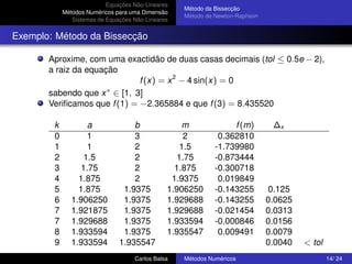 Equações Não-Lineares
                                                   Método da Bissecção
            Métodos Numéricos para uma Dimensão
                                                   Método de Newton-Raphson
               Sistemas de Equações Não-Lineares


Exemplo: Método da Bissecção

       Aproxime, com uma exactidão de duas casas decimais (tol ≤ 0.5e − 2),
       a raiz da equação
                              f (x) = x 2 − 4 sin(x) = 0
                      ∗
       sabendo que x ∈ [1, 3]
       Veriﬁcamos que f (1) = −2.365884 e que f (3) = 8.435520

        k          a               b               m              f (m)        ∆x
        0          1               3               2          0.362810
        1          1               2              1.5        -1.739980
        2         1.5              2              1.75       -0.873444
        3         1.75             2             1.875       -0.300718
        4        1.875             2            1.9375        0.019849
        5        1.875          1.9375         1.906250      -0.143255         0.125
        6      1.906250         1.9375         1.929688      -0.143255        0.0625
        7      1.921875         1.9375         1.929688      -0.021454        0.0313
        7      1.929688         1.9375         1.933594      -0.000846        0.0156
        8      1.933594         1.9375         1.935547       0.009491        0.0079
        9      1.933594        1.935547                                       0.0040   < tol
                                    Carlos Balsa   Métodos Numéricos                           14/ 24
 
