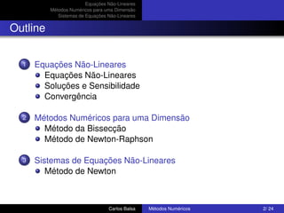 Equações Não-Lineares
          Métodos Numéricos para uma Dimensão
             Sistemas de Equações Não-Lineares


Outline


  1   Equações Não-Lineares
        Equações Não-Lineares
        Soluções e Sensibilidade
        Convergência

  2   Métodos Numéricos para uma Dimensão
        Método da Bissecção
        Método de Newton-Raphson

  3   Sistemas de Equações Não-Lineares
         Método de Newton



                                  Carlos Balsa   Métodos Numéricos   2/ 24
 