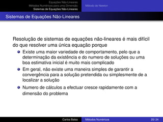 Equações Não-Lineares
          Métodos Numéricos para uma Dimensão    Método de Newton
             Sistemas de Equações Não-Lineares


Sistemas de Equações Não-Lineares




   Resolução de sistemas de equações não-lineares é mais difícil
   do que resolver uma única equação porque
       Existe uma maior variedade de comportamento, pelo que a
       determinação da existência e do numero de soluções ou uma
       boa estimativa inicial é muito mais complicado
       Em geral, não existe uma maneira simples de garantir a
       convergência para a solução pretendida ou simplesmente de a
       localizar a solução
       Numero de cálculos a efectuar cresce rapidamente com a
       dimensão do problema




                                  Carlos Balsa   Métodos Numéricos   20/ 24
 