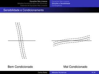 Equações Não-Lineares   Equações Não-Lineares
          Métodos Numéricos para uma Dimensão    Soluções e Sensibilidade
             Sistemas de Equações Não-Lineares   Convergência


Sensibilidade e Condicionamento




   Bem Condicionado                                             Mal Condicionado
                                  Carlos Balsa   Métodos Numéricos                 9/ 24
 