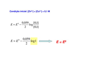 Condição inicial: [Zn2+] = [Cu2+] = 0,1 M
]1,0[
]1,0[
log
2
059,00
−= EE
1log
2
059,00
−= EE E = E0
 