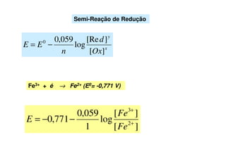 x
y
Ox
d
n
EE
][
][Re
log
059,00
−=
Semi-Reação de Redução
Fe3+ + é →→→→ Fe2+ (E0= -0,771 V)
][
][
log
1
059,0
771,0 2
3
+
+
−−=
Fe
Fe
E
 