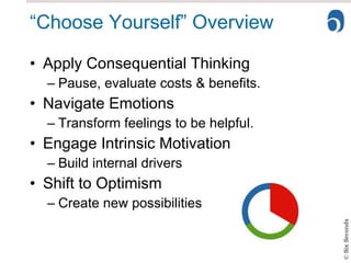 “Choose Yourself” Overview Apply Consequential Thinking Pause, evaluate costs & benefits. Navigate Emotions Transform feelings to be helpful. Engage Intrinsic Motivation Build internal drivers Shift to Optimism Create new possibilities 