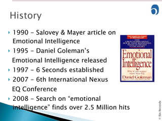 1990 - Salovey & Mayer article on Emotional Intelligence 1995 - Daniel Goleman’s  Emotional Intelligence released 1997 - 6 Seconds established 2007 - 6th International Nexus  EQ Conference 2008 - Search on “emotional intelligence” finds over 2.5 Million hits 