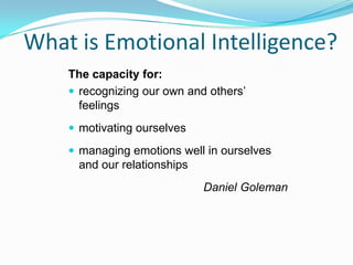 What is Emotional Intelligence?
The capacity for:
 recognizing our own and others’
feelings
 motivating ourselves
 managing emotions well in ourselves
and our relationships
Daniel Goleman
 