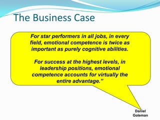 The Business Case
For star performers in all jobs, in every
field, emotional competence is twice as
important as purely cognitive abilities.
For success at the highest levels, in
leadership positions, emotional
competence accounts for virtually the
entire advantage.”
Daniel
Goleman
 