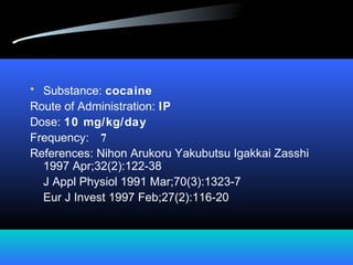• Substance: cocaine
Route of Administration: IP
Dose: 10 mg/kg/day
Frequency: 7
References: Nihon Arukoru Yakubutsu Igakkai Zasshi
1997 Apr;32(2):122-38
J Appl Physiol 1991 Mar;70(3):1323-7
Eur J Invest 1997 Feb;27(2):116-20
 