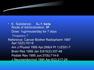 • 6. Substance: IL-1 beta
Route of Administration: IP
Dose: 1ug/mouse/day for 7 days
Frequency:7
Reference: Cancer Biother Radiopharm 1997
Apr:12(2):101-9
Am J Physiol 1995 Apr;268(4 Pt 1):E551-7
Brain Res 1999 Jan 9;815(2):337-48
Pediatr Res 1995 Jun;37(6):714-9
J Neuroendocrinol 1994 Apr;6(2):217-24
 