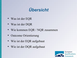 Übersicht Was ist der EQR Was ist der DQR Wie kommen EQR / NQR zusammen Outcome Orientierung Wie ist der EQR aufgebaut Wie ist der DQR aufgebaut 