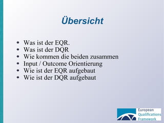 Übersicht Was ist der EQR. Was ist der DQR Wie kommen die beiden zusammen Input / Outcome Orientierung Wie ist der EQR aufgebaut Wie ist der DQR aufgebaut 
