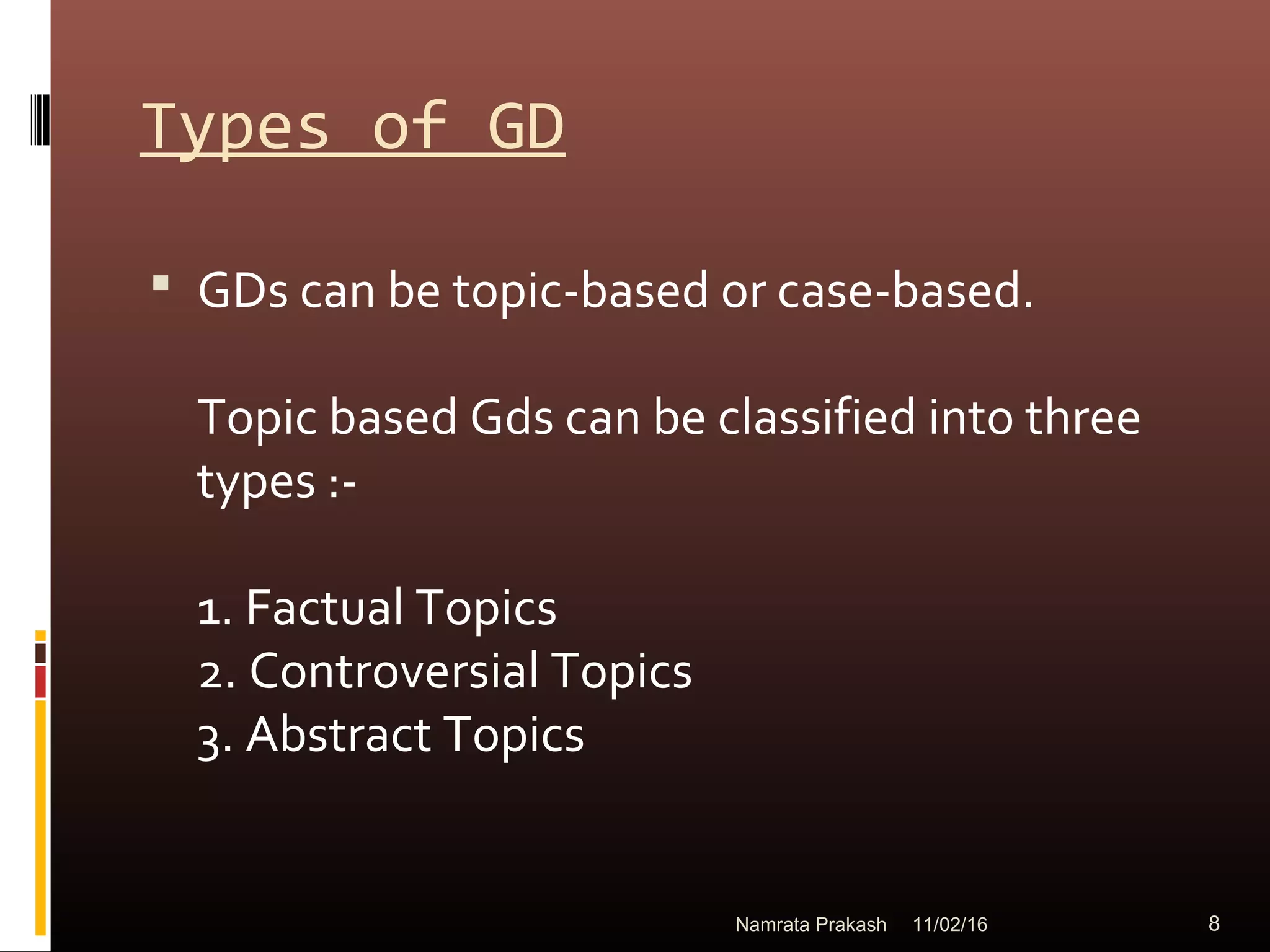 Types of GD
 GDs can be topic-based or case-based.
Topic based Gds can be classified into three
types :-
1. Factual Topics
2. Controversial Topics
3. Abstract Topics
11/02/16 8Namrata Prakash
 