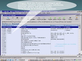 Listagem Geral dos Produtos : A Listagem geral possibilita visualizar todos os códigos, referências, descrição, gênero, sub-gênero,marca. Várias formas de localização de registros!! - Colunas podem ser movidas pelo usuário. 