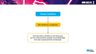 Teorias científicas
São refutáveis e conjeturais.
Uma boa teoria científica é uma teoria que,
por ter continuamente resistido à sua falsificação,
tem sido sucessivamente corroborada.
 