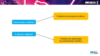 Como evolui a ciência?
A ciência é objetiva?
Problema da evolução da ciência.
Problema da objetividade
do conhecimento científico.
 